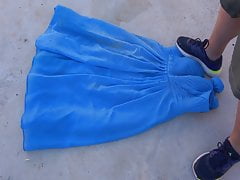 pissing on blue dress