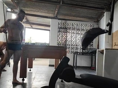 Camera films 2 gay-for-pay dudes toying pool nude.
