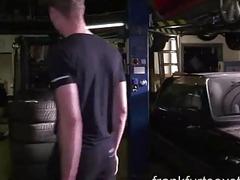 Horny customer sucks off monster cock and eats cum in a garage