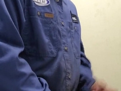 Blue neck corset employee wanks salami on the clock