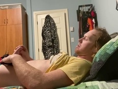 Roommates jerk off with each other's panties, cum on lingerie. Redhead guy shows off uncut cock