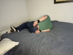 Selfbondage in a hogtie while hooded and Plugged