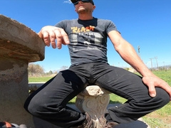 Peeing jism-stained goth denim in a public park