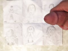 Cumming on a naughty drawing I made of sissy double blowjob