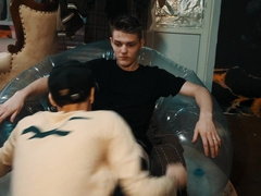 Young boys determined to have fuckfest in a hostel on an inflatable see-through stool