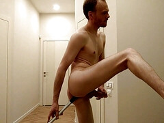 Dirty naked guy-cleaner fucked himself with a mop and cumshot