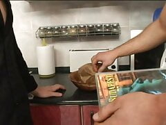 Bald dude drills for vegemite his partner at the kitchen without French letter