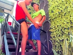 Public, muscle couple, big cock blowjobs