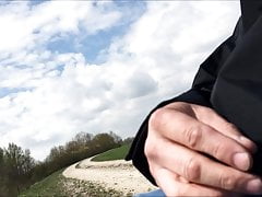 Jerking on public Bench with Cockring and Ballstretcher
