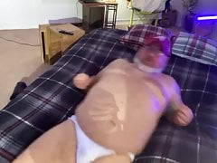 Chubby daddy bear in white brief and cum