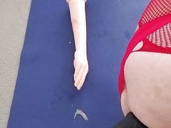 Crossdresser in Red Lingerie Rides Huge Dildo and Cums
