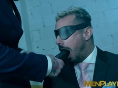 Blindfolded businessman Dani Rivera sucked dildo and fucked