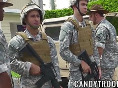 Army studs swap blowjobs before outdoor interracial
