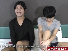 Asian young guy blows cock and gets hammered until cumming