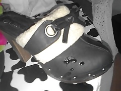 many cum on wooden heels mules shower cum