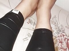 Cum inside black shiny pants