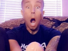 Femboy rides huge 12" dildo & self-fucks wet bussy