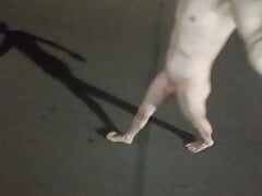 Tiny dick boy walking naked on the street almost caught