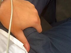 Horny at work with slimy dick in pants