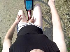 Naked and horny in public - POV cam - Riding nude in nature, shaved body, exhibitionist masturbate to cumshot