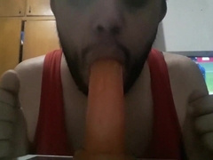 Deep-throating on mother's fucktoy trio