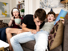 Twinks fuck on the couch despite their sister  being there