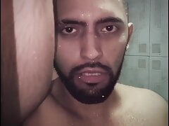 Hot young latino with a big uncut cock masturbating in the shower until he cums handsfree Slow motion cumshot FREE FULL