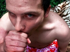 Lad with hairy thighs is working hard for the cumshot