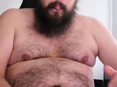 Fat chub jerking off and cums on his body