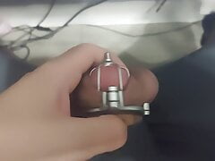 permanently locked cock cums from vibrator