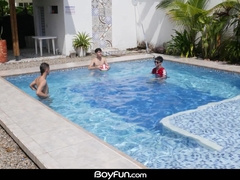 Spunk-pump crazed bottom dude Dylan Malik takes two thick naked spunk-pumps poolside