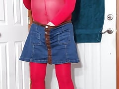 Gay Crossdresser masturbate and cum in red nylon bodystocking.
