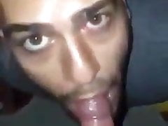 Cute Latino sucks two older cocks and eats their cum