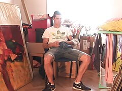 Shy well built man makes his hard erect cock cum on camera