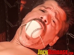 Poor twink man begs for mercy as he is restricted with a ball on his mouth