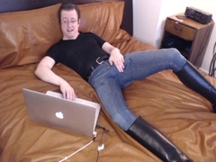 I spunk in my denim and tall shoes observing pornography on my leather sofa