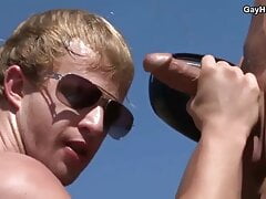 Outdoor gay sex. Hot muscle guys have anal fun