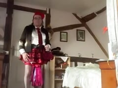 In red and black skirt