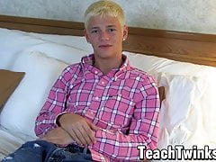 Skinny blond twink Kyle Richerds cums after an interview