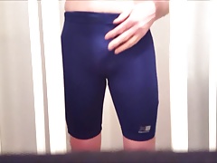 Bulging and pissing my blue lycra spandex running shorts