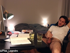Gay student pissing and cumming in drinking glass while studying ✅