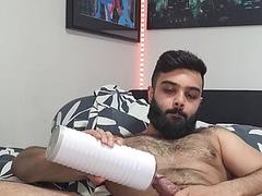 Naughty fleshlight, buttplug and cock ring wank session