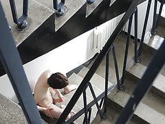 Kinky boy Greg jerks off and cums on the stairs