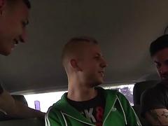Threesome for cute twinks in a mini van