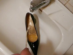 Piss in wifes black patent high heels