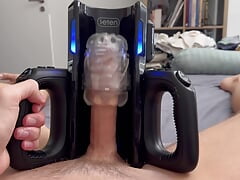 Pumping cum from my big uncut dick with my masturbation robot sex toy