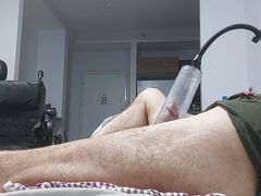 Disabled guy jerk off without playing with his fat cock but with a pumper!