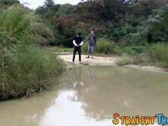 Two straight guys are wanking outdoors and competing for cum