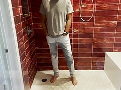 Barefoot in Jeans Pissing Myself and Showing Dick and Ball