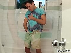 Blake Stone pisses on himself and cums after masturbating